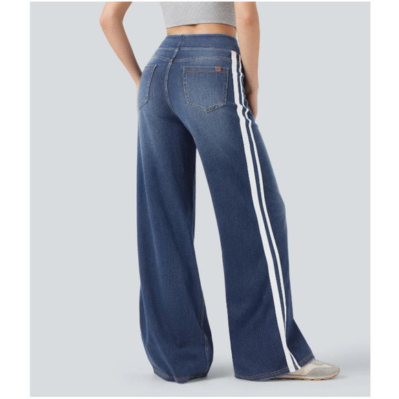 Halara Flex Denim Wide-Leg Jeans NWOT Large High-Waisted Side Stripe Athleisure - Picture 4 of 9